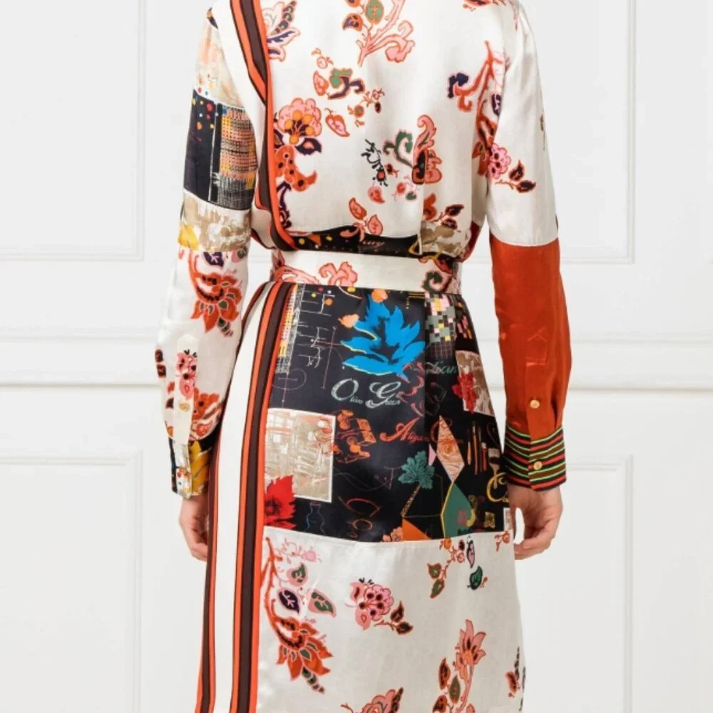 NWOT Tory Burch Printed Patchwork Silk-blend Shirt Midi Dress XS $628